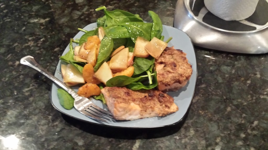 Maple dijon salmon and spinach / apple / mandarin salad